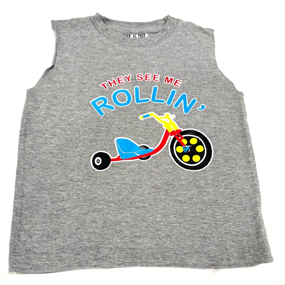Three & Out 2T Kids Gray Tank Top with Tricycle Graphic